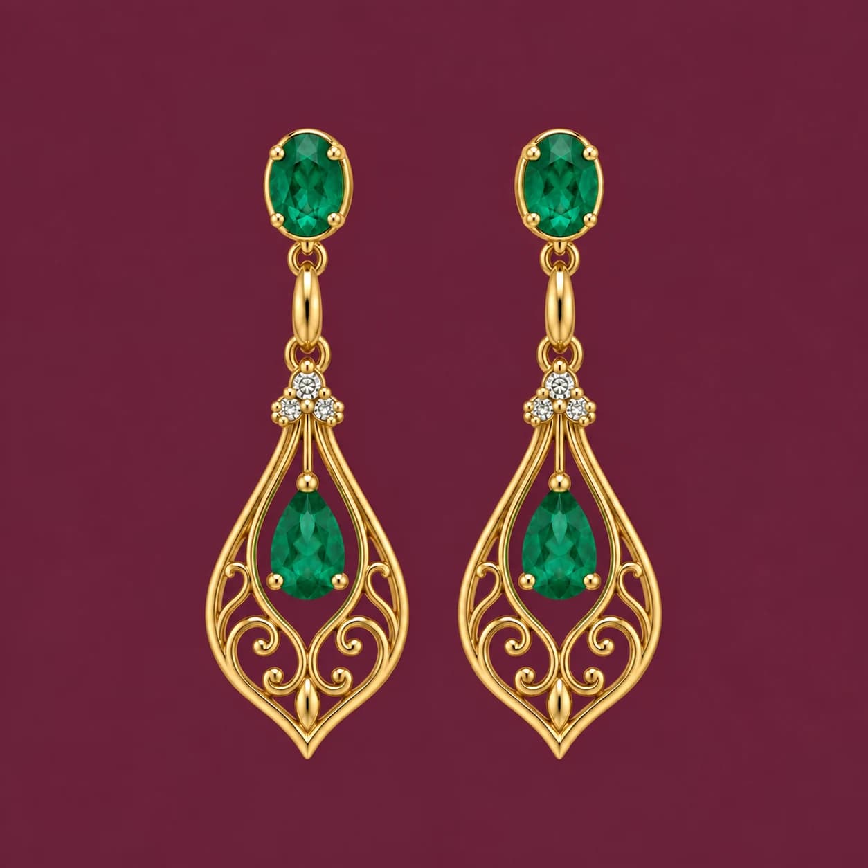 Illustrative earrings catalogue photograph on maroon