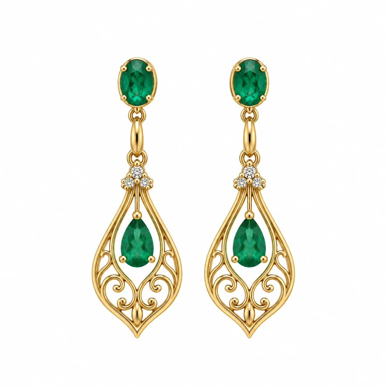 Illustrative gold and emerald earrings on a white background