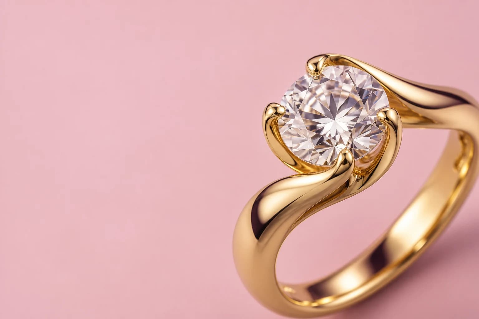 Sculptural gold solitaire ring with a brilliant-cut diamond